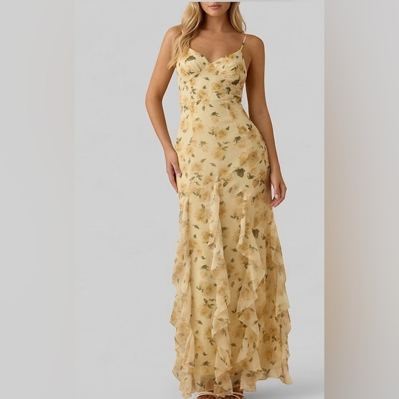 By Design Dresses & Skirts - Meadow Dream V-Neck Floral Maxi with Layered Ruffles Yellow
